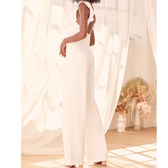Lulus NWT Feel Your Love White Ruffled Wide-Leg Stretchy Crepe Jumpsuit Small - Picture 6 of 10